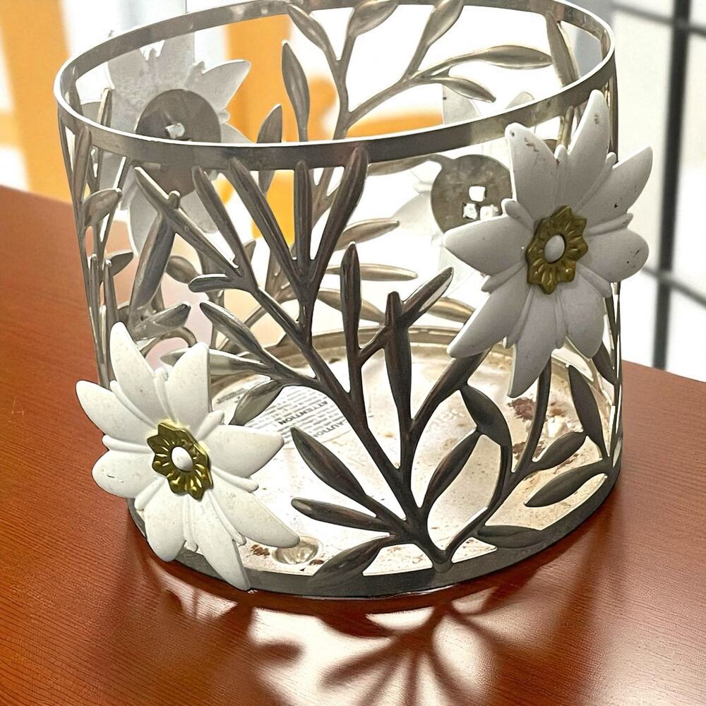 Bath & Body Works Wild Flower 3 Wick Candle Holder Silver Metal Floral Sleeve